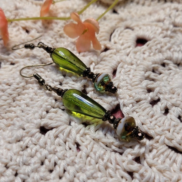 Boho Moss Green handcrafted drop Earrings - Picture 9 of 11